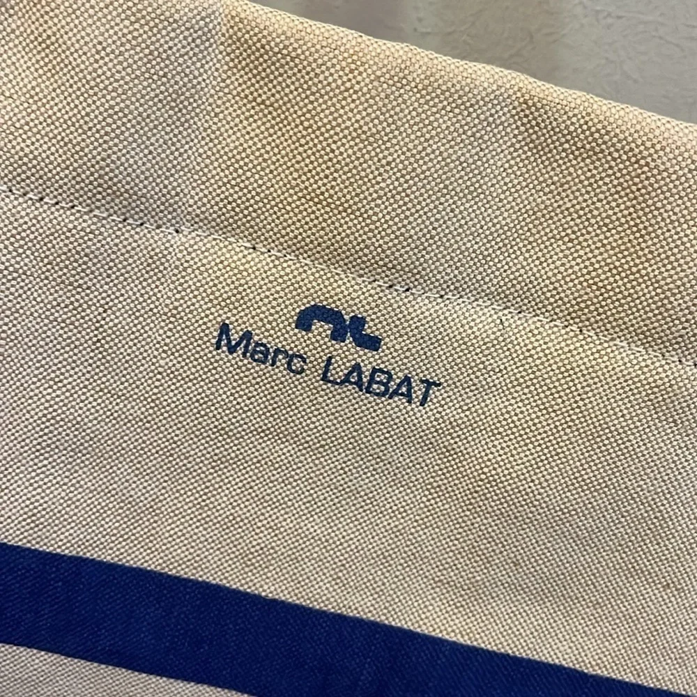 Marc Lamar Canvas Tote Bag Leather Handles & Trim Striped Zipper Top Jute Tassel